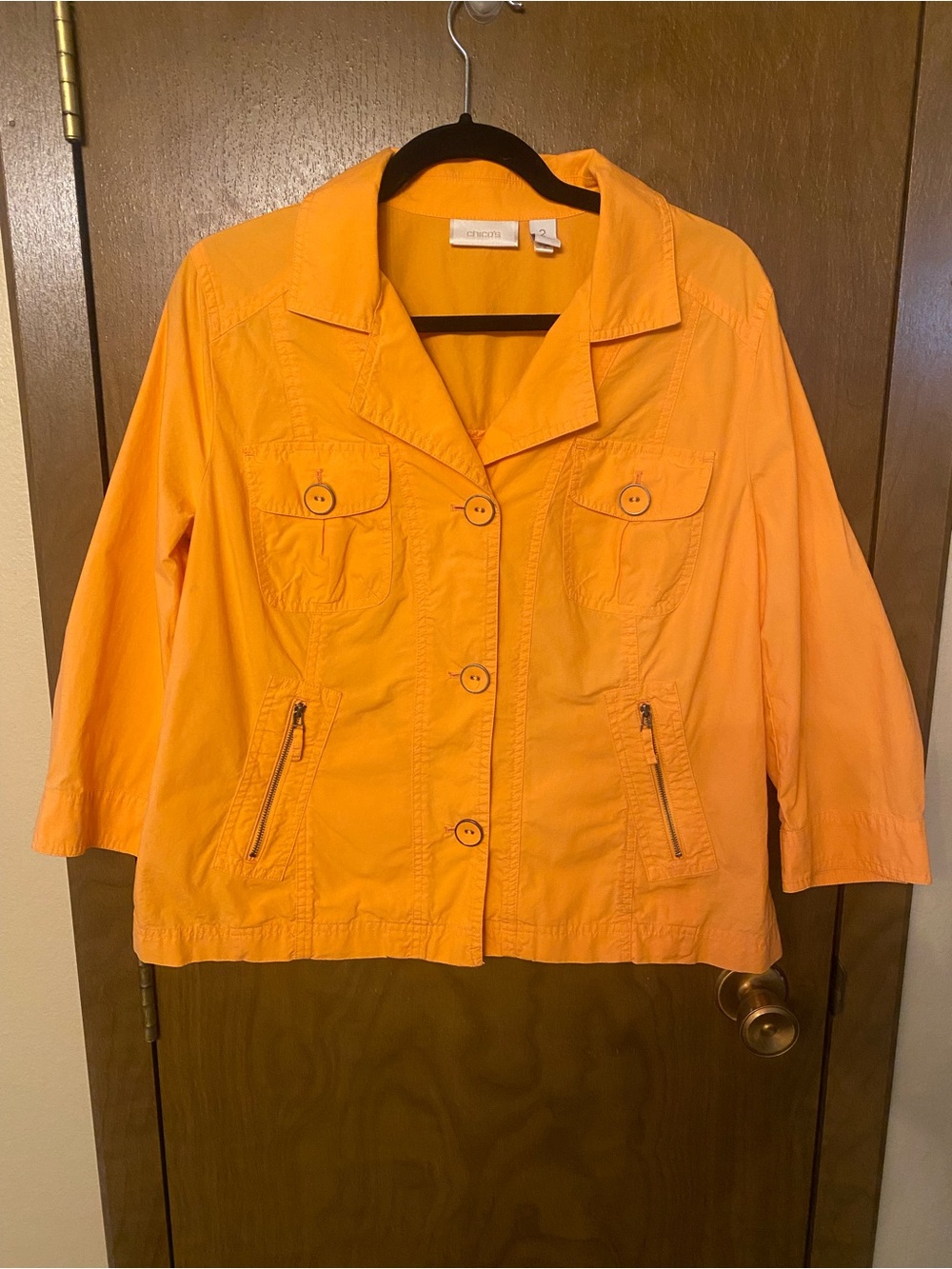 Chico's Bright Orange Utility Jacket with Button & Zipper Pockets